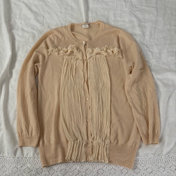 J Crew MEDIUM Peach 100% Cashmere Button Down Ruffle Cardigan Sweater tan cream - Picture 1 of 5